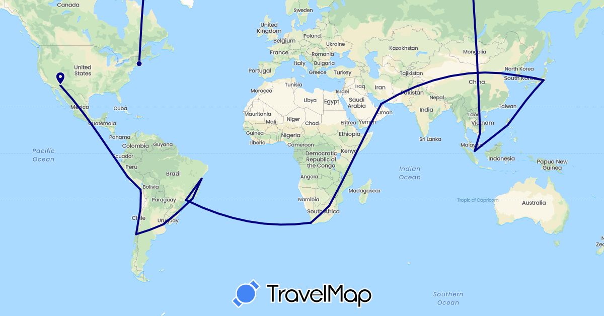 TravelMap itinerary: driving in United Arab Emirates, Argentina, Brazil, Chile, Japan, South Korea, Mexico, Peru, Philippines, Singapore, United States, Vietnam, South Africa (Africa, Asia, North America, South America)